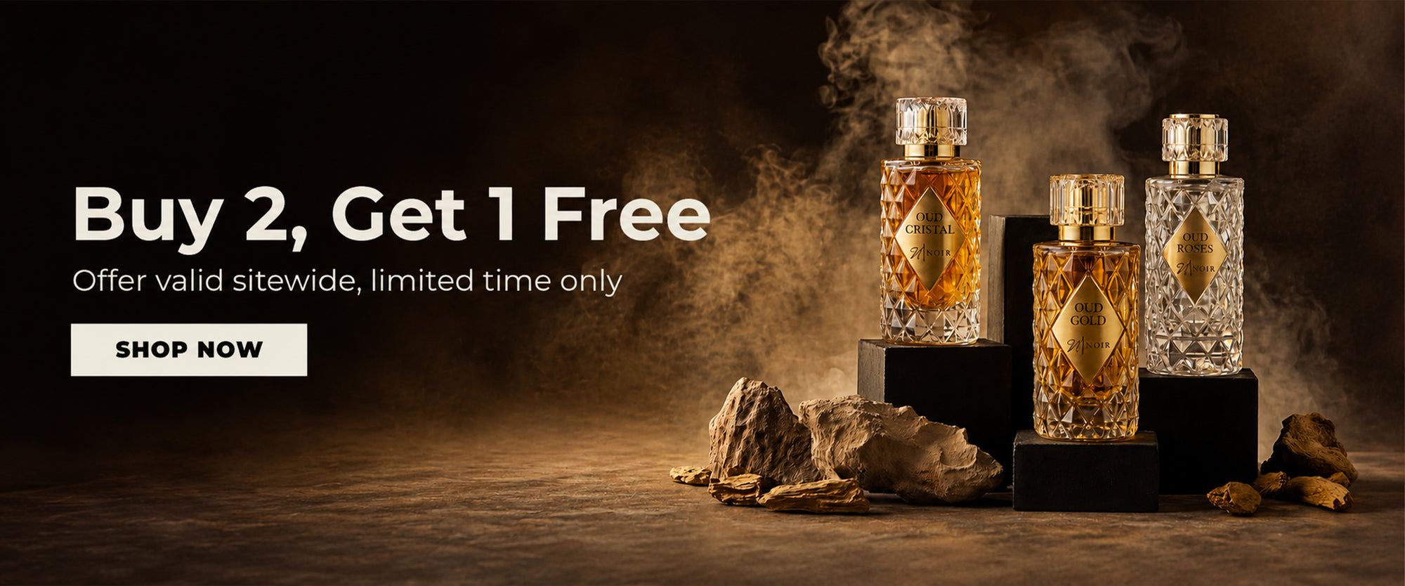 Three perfume bottles on a dark background with promotional text for a buy 2, get 1 free offer.