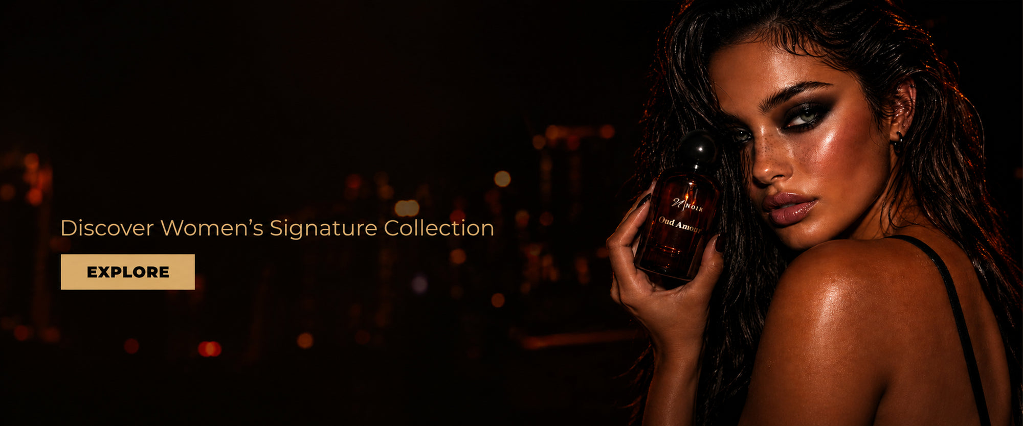 Banner featuring a Woman holding a bottle with text about a women's signature collection