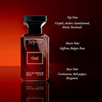 Red perfume bottle with 'Noir' branding on a gradient red and black background