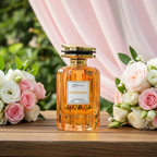 Perfume bottle labeled 'Daffodils' with flowers on a wooden surface