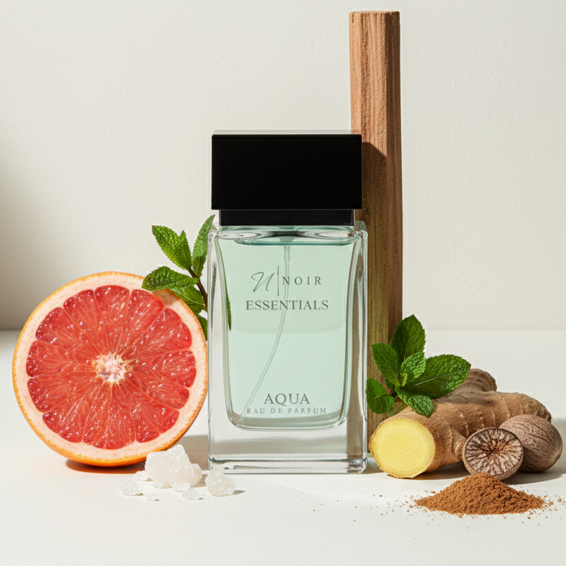 Perfume bottle labeled 'Noir Essentials' with a grapefruit, ginger, and mint leaf on a light background