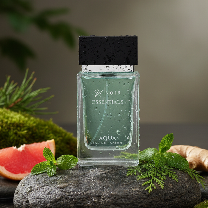 Perfume bottle labeled 'noir Essentials Aqua' on a stone surface with greenery