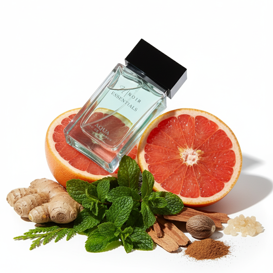 Perfume bottle with ingredients like grapefruit, ginger, and mint on a white background