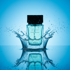 Perfume bottle labeled 'Essentials Aqua' with water splash effect on a blue background