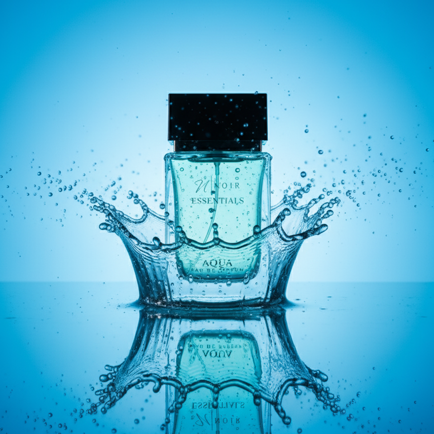 Perfume bottle labeled 'Essentials Aqua' with water splash effect on a blue background