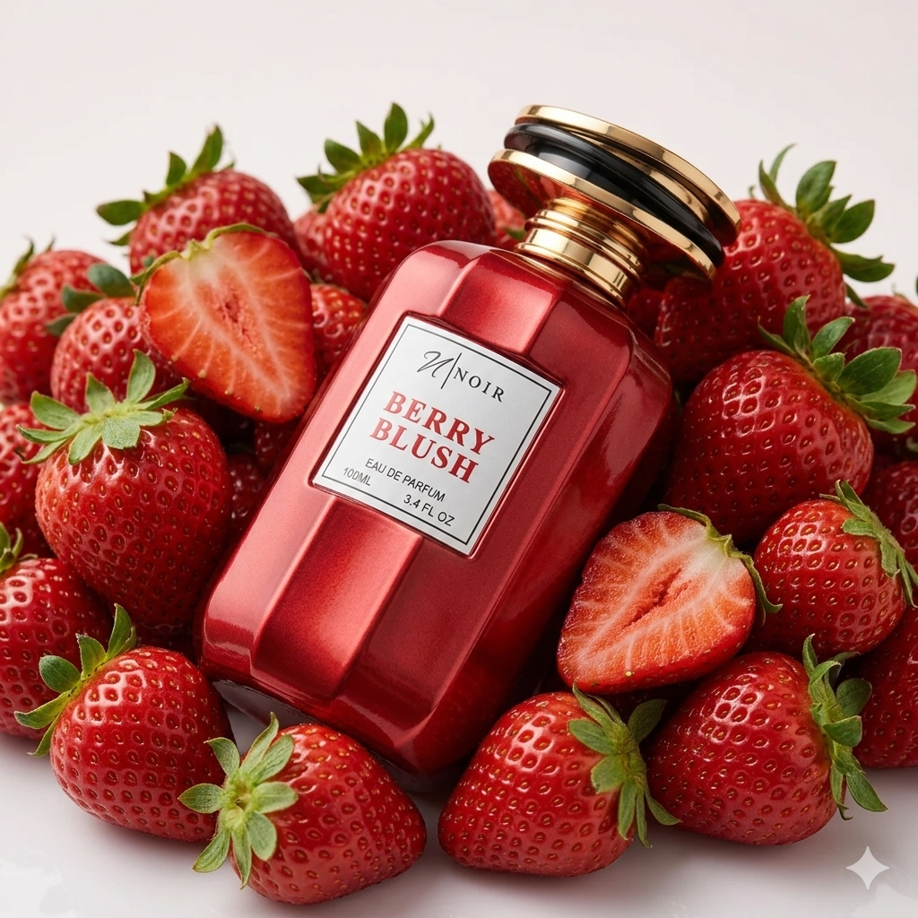 Red perfume bottle labeled 'Berry Blush' surrounded by strawberries on a light background
