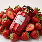Red perfume bottle labeled 'Berry Blush' surrounded by strawberries on a light background