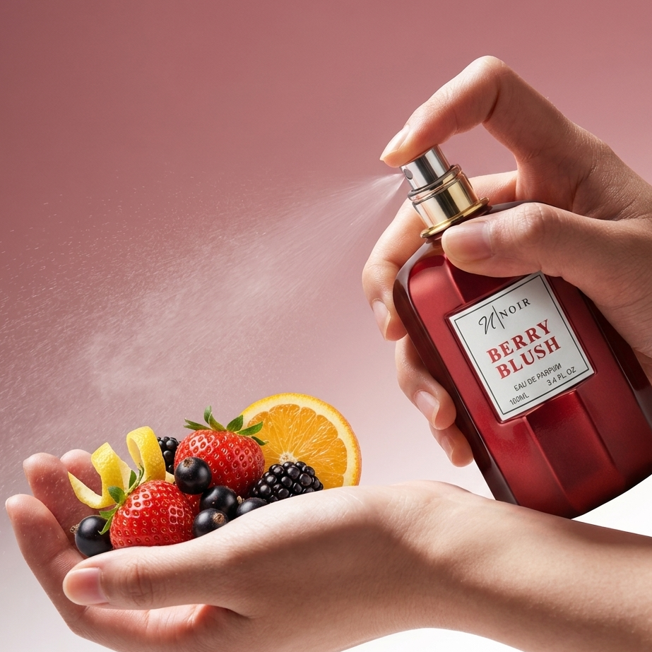 Hand holding a 'Berry Blush' perfume bottle with a spray being applied to a hand holding fruits.