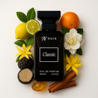 Black perfume bottle labeled 'Noir Classic' surrounded by fruits and flowers on a white background