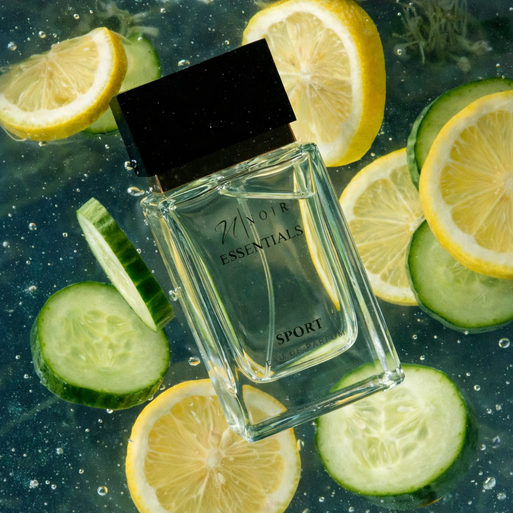 Perfume bottle labeled 'Essentials Sport' surrounded by sliced lemons and cucumbers on a dark background