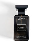 Black perfume bottle labeled 'Noir Classic' on a white background