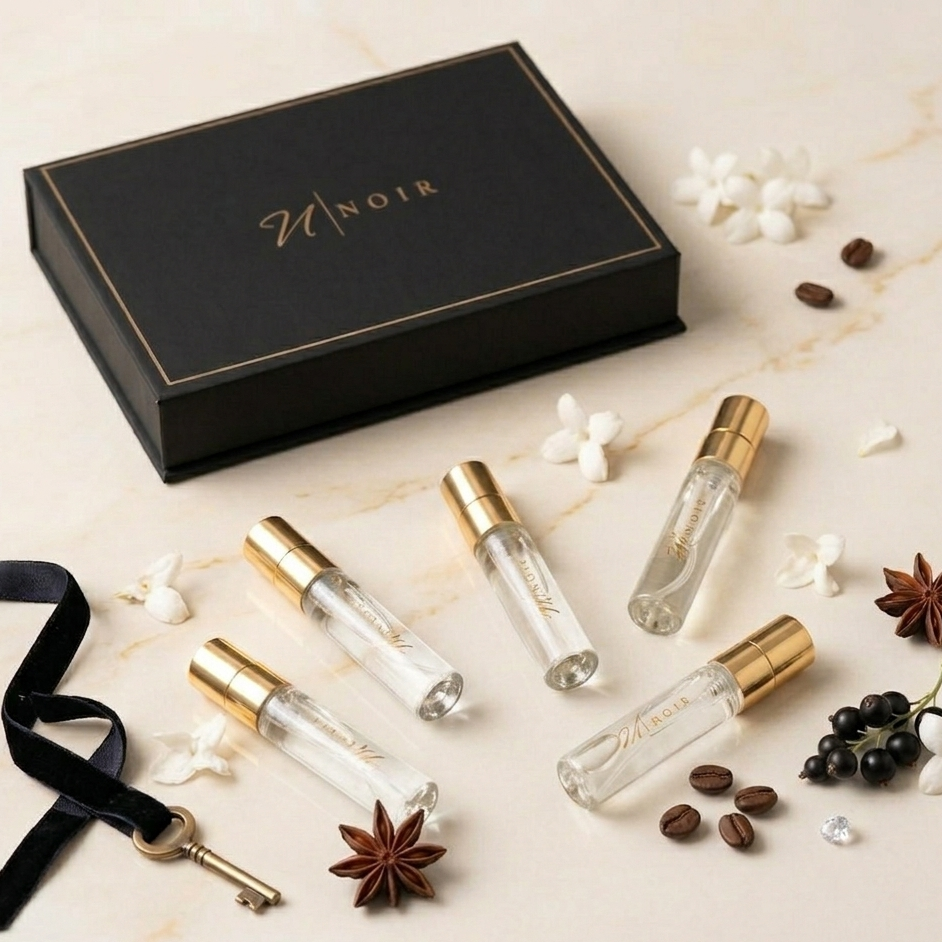 Set of perfume bottles with a 'Noir' box on a decorative surface with star anise and coffee beans.