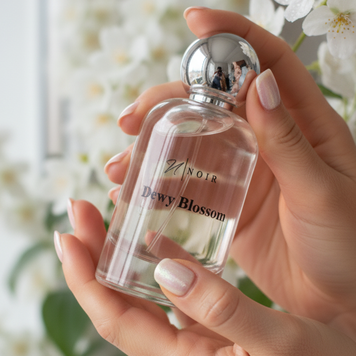 Hand holding a perfume bottle labeled 'Dewy Blossom' with a blurred floral background