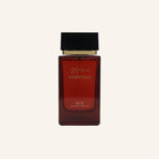 Red perfume bottle with black cap on a white background