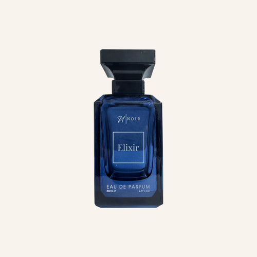 Blue perfume bottle labeled 'Elixir' on a white background