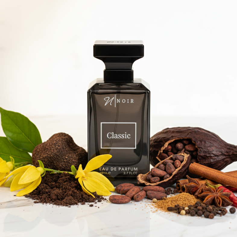Black perfume bottle labeled 'Noir' with ingredients like truffles, flowers, and spices on a white background