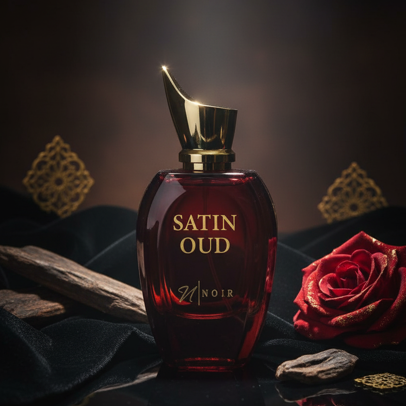 Satin Oud perfume bottle with gold cap on a dark background with rose and incense