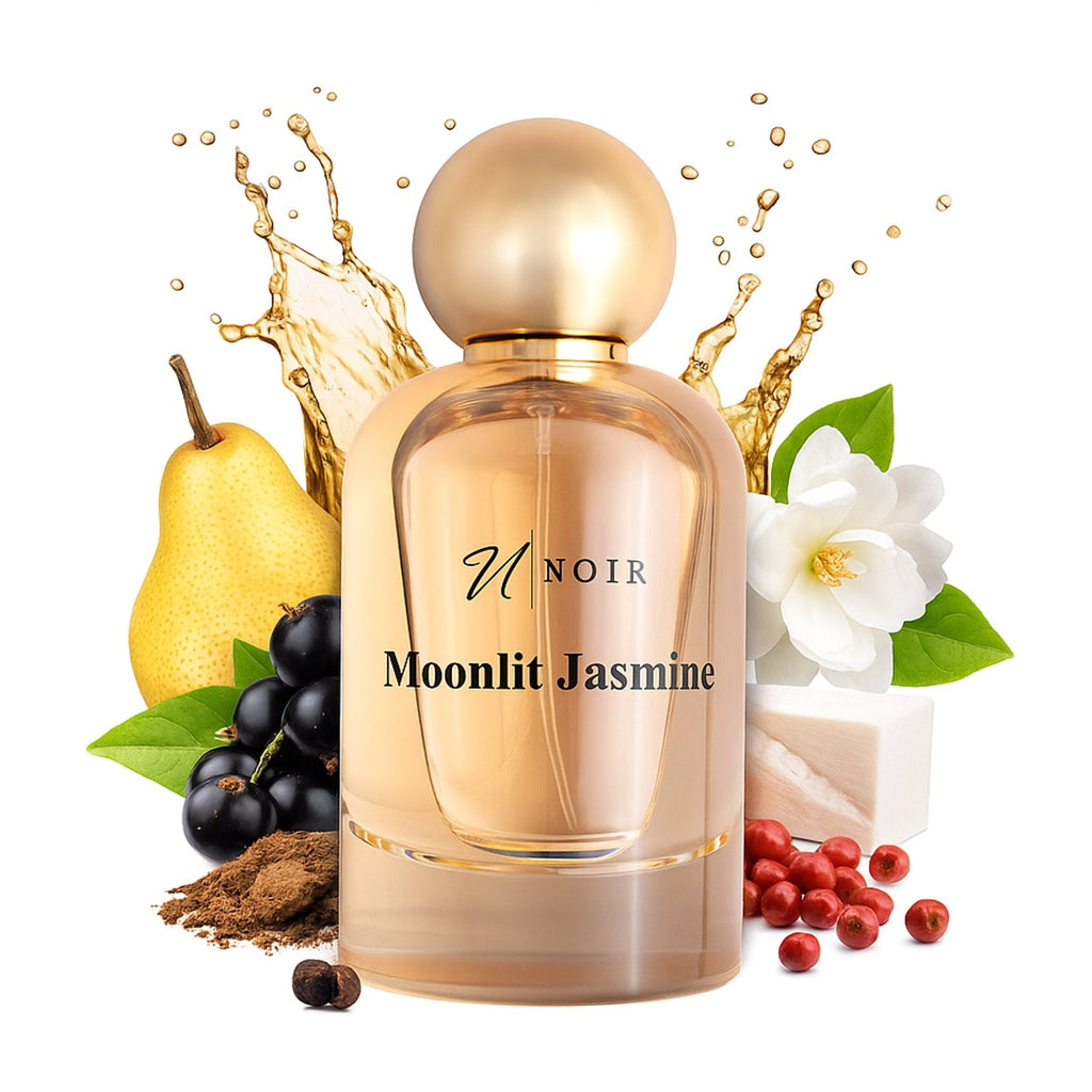 Perfume bottle labeled 'NOIR Moonlit Jasmine' with pear, jasmine flower, and berries on a white background