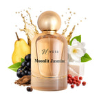 Perfume bottle labeled 'NOIR Moonlit Jasmine' with pear, jasmine flower, and berries on a white background