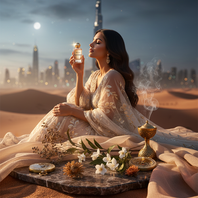 Woman in a flowing dress holding a perfume bottle with a cityscape in the background