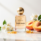 Perfume bottle labeled 'noir Moonlit Jasmine' with peaches and flowers on a light background