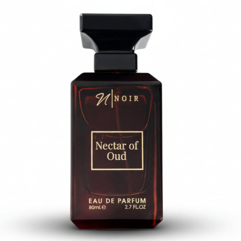 Perfume bottle labeled 'Nectar of Oud' by Noir on a white background