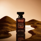 Perfume bottle labeled 'Nectar of Oud' on a reflective surface with desert landscape background