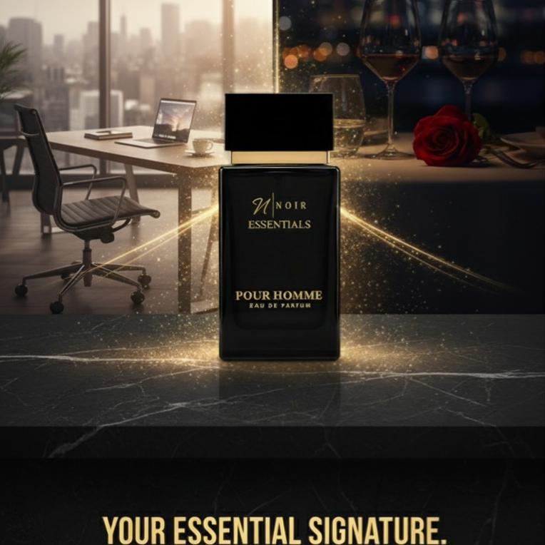 Perfume bottle labeled 'Noir Essentials Pour Homme' on a table with a cityscape background.