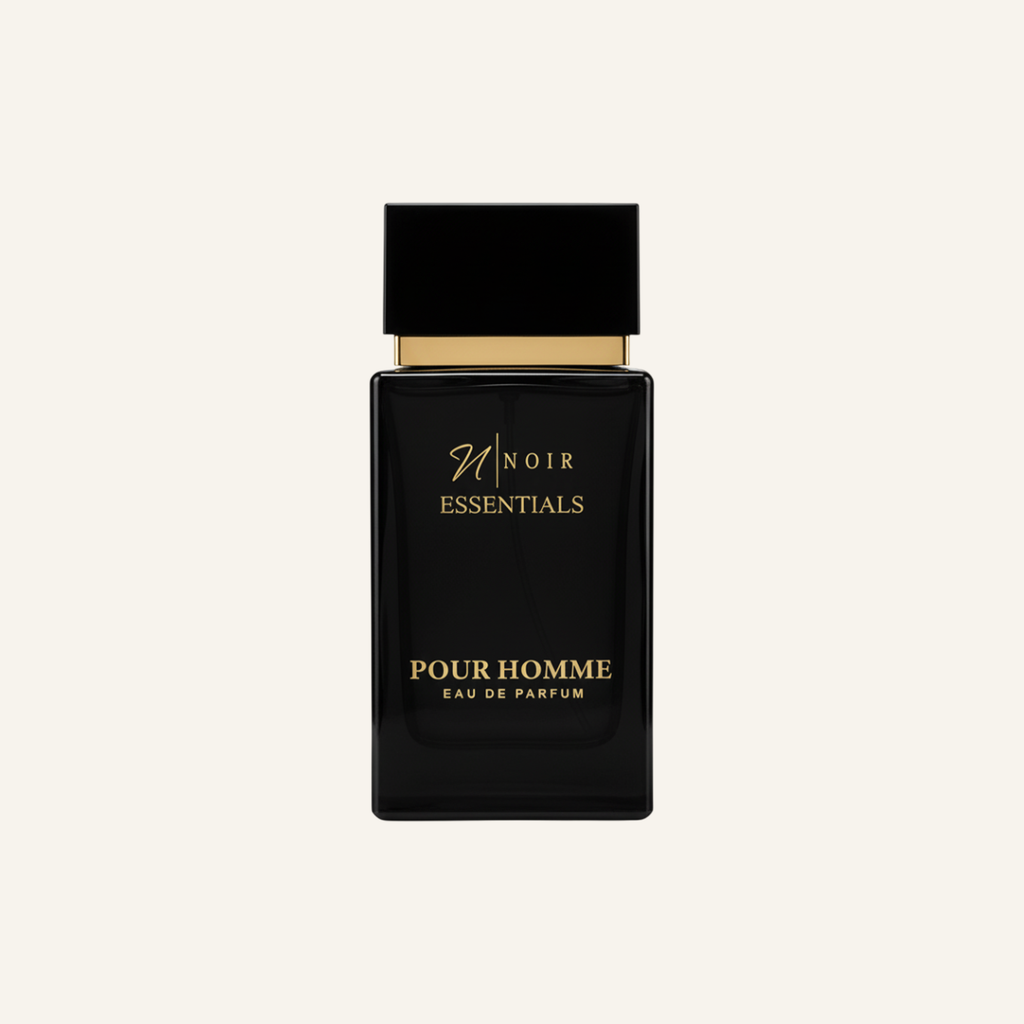 Black perfume bottle with gold text on a white background