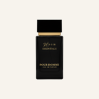 Black perfume bottle with gold text on a white background