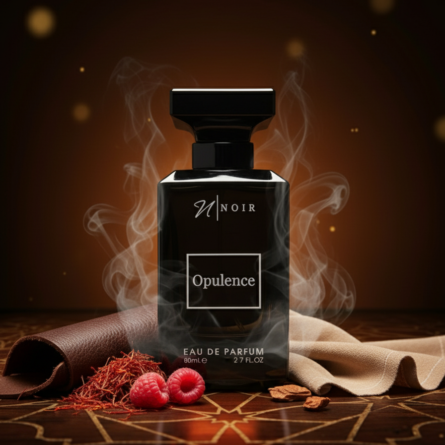 Black perfume bottle labeled 'Opulence' with smoke effects on a dark background