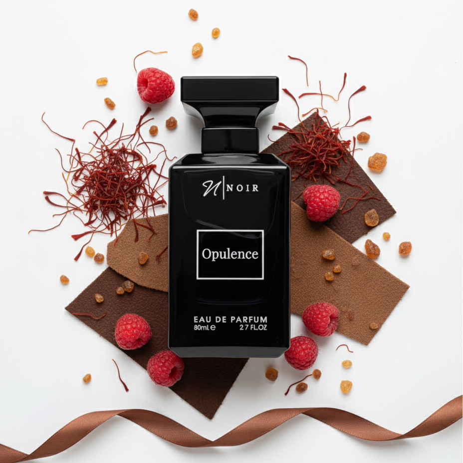 Black Noir Opulence perfume bottle surrounded by raspberries and saffron on a white background