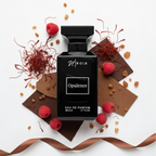 Black Noir Opulence perfume bottle surrounded by raspberries and saffron on a white background