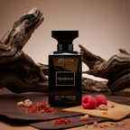 Black perfume bottle labeled 'Opulence' with raspberries and saffron on a wooden surface.
