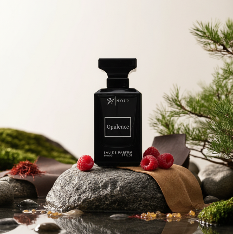 Black perfume bottle labeled 'Opulence' on a rock with raspberries and greenery.