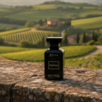 Black perfume bottle labeled 'Opulence' on a stone ledge with vineyards in the background