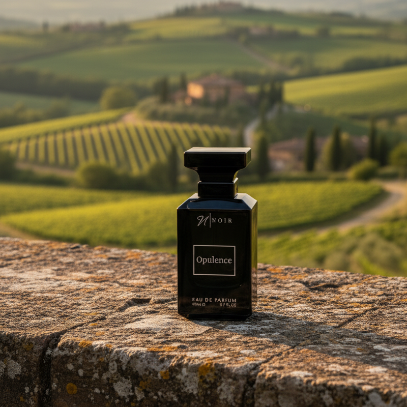 Black perfume bottle labeled 'Opulence' on a stone ledge with vineyards in the background