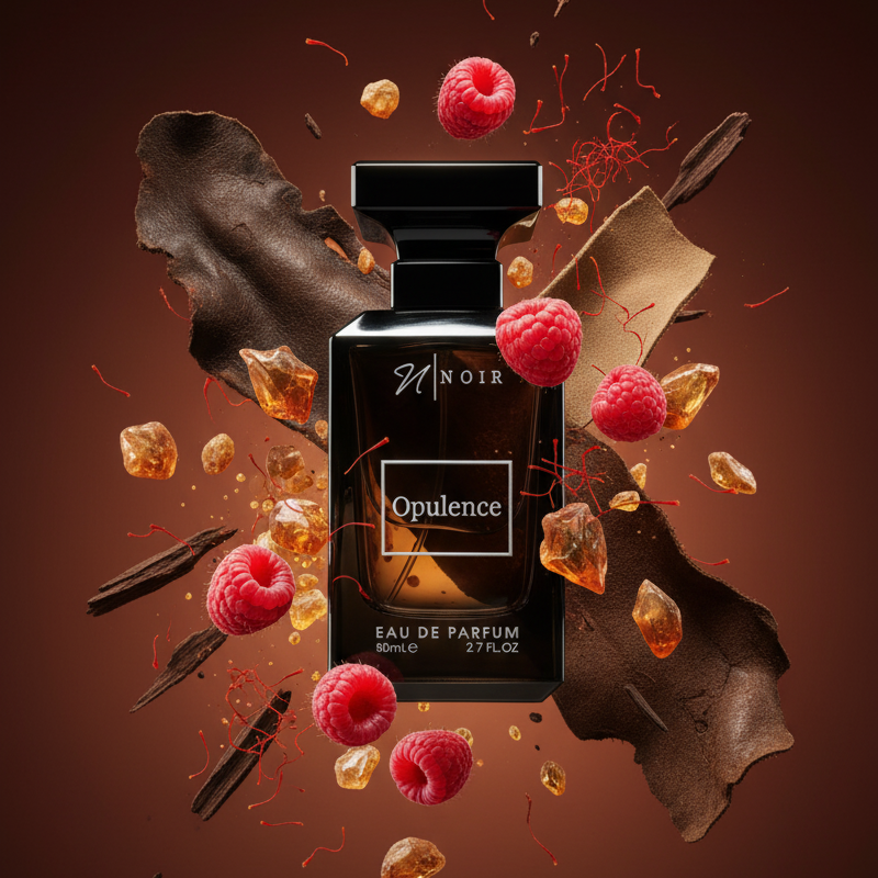 Perfume bottle labeled 'Opulence' surrounded by raspberries and chocolate elements on a brown background