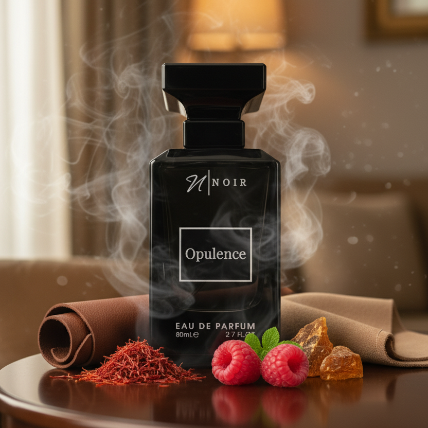 Black perfume bottle labeled 'Opulence' with smoke effect on a wooden surface.