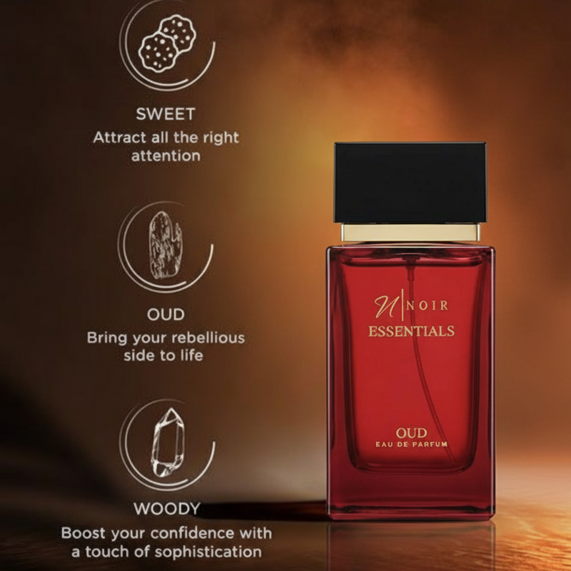 Red perfume bottle labeled 'Noir Essentials OUD' with descriptors on a warm-toned background