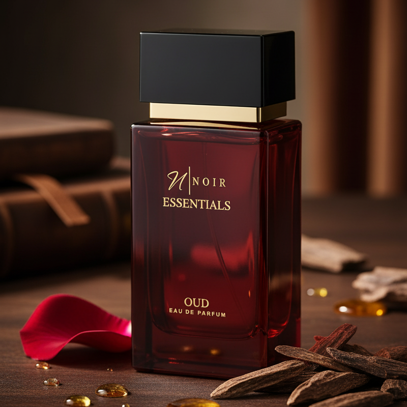 Red perfume bottle labeled 'Noir Essentials Oud' on a wooden surface with spices and a red leaf.