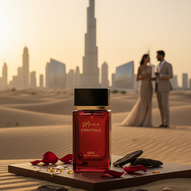 Red perfume bottle with 'Essentials' branding in a desert setting with a couple in the background.