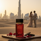 Red perfume bottle with 'Essentials' branding in a desert setting with a couple in the background.