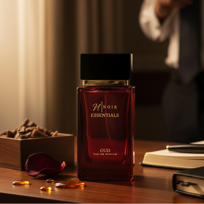Red perfume bottle labeled 'Noir Essentials OUD' on a wooden surface with a blurred background