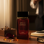Red perfume bottle labeled 'Noir Essentials OUD' on a wooden surface with a blurred background