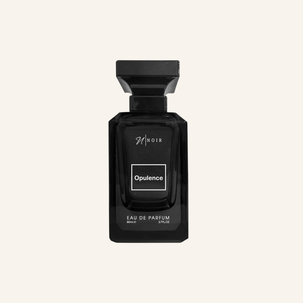 Black perfume bottle labeled 'Opulence' on a white background