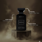 Black perfume bottle labeled 'Opulence' with notes on a dark background