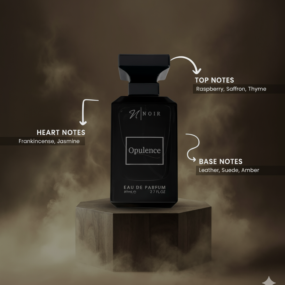 Black perfume bottle labeled 'Opulence' with notes on a dark background