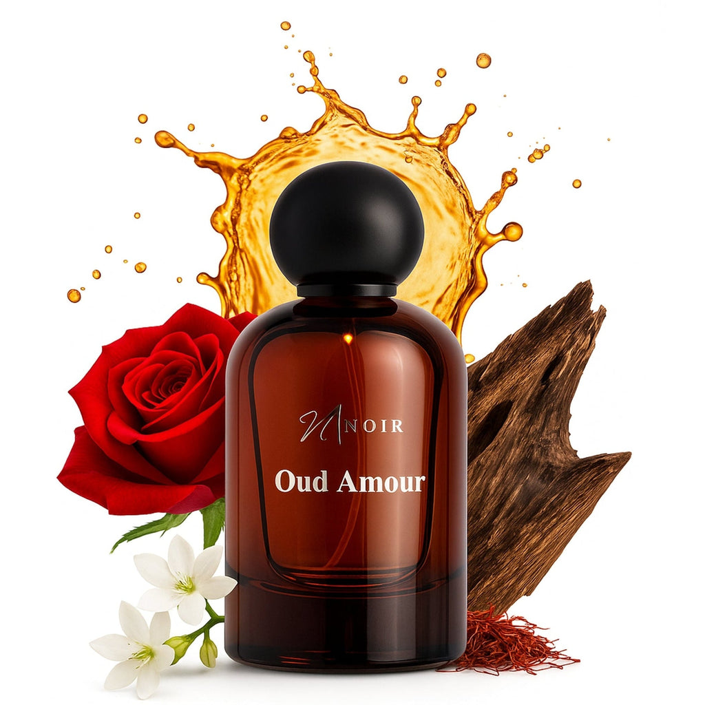 Perfume bottle labeled 'Oud Amour' with a red rose, white flowers, and wooden elements on a white background