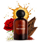 Perfume bottle labeled 'Oud Amour' with a red rose, white flowers, and wooden elements on a white background